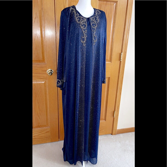 Formal Dress Plus Sizes 16W 18W 22W 24W Long Sleeves Navy Beaded Kaftan Maxi NEW